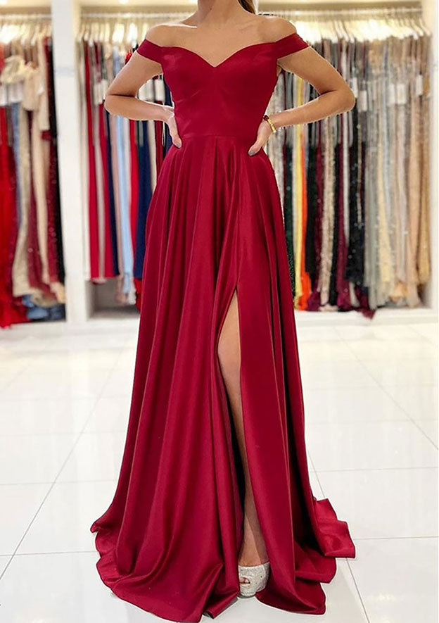 Robe de bal longue en satin à épaules dénudées et fente